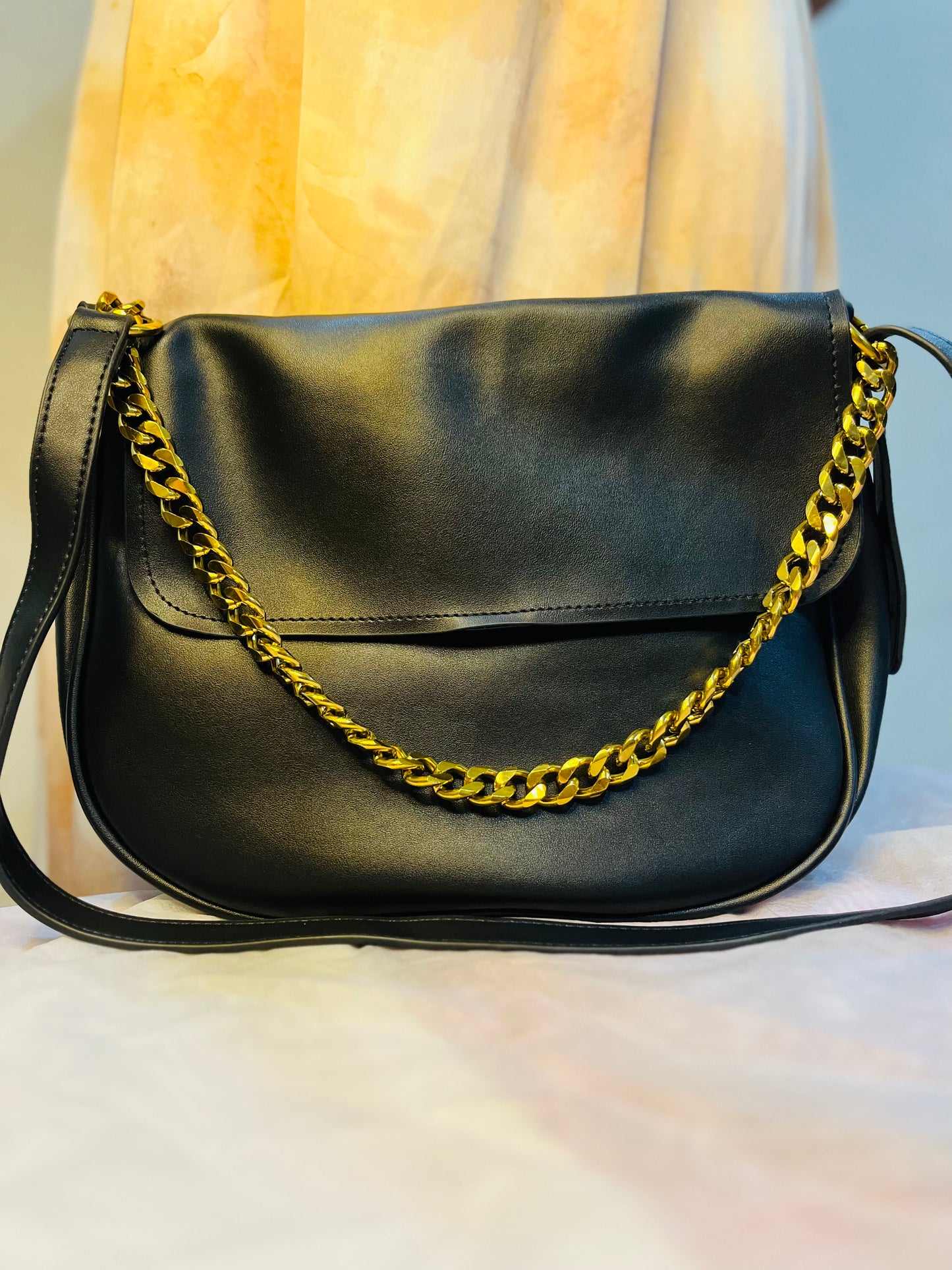 Large Flap Hobo Bag Chain Decor PU Black