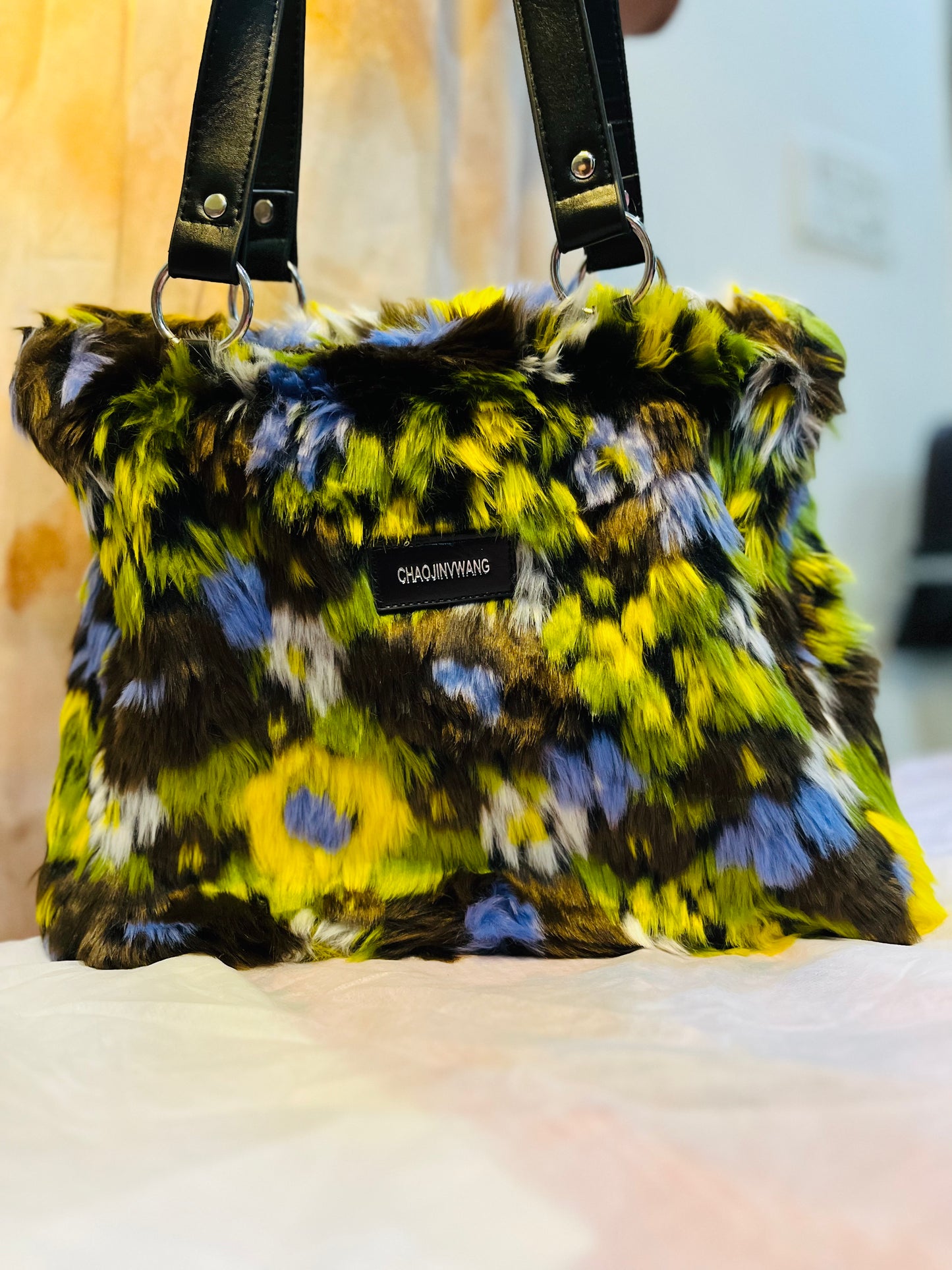 Fuzz Soft Plush Letter Patch Decor Fluffy Shoulder Tote Bag