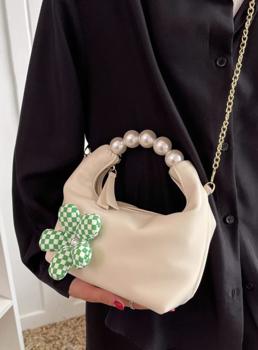 Faux Pearl & Flower Decor Chain Satchel Bag