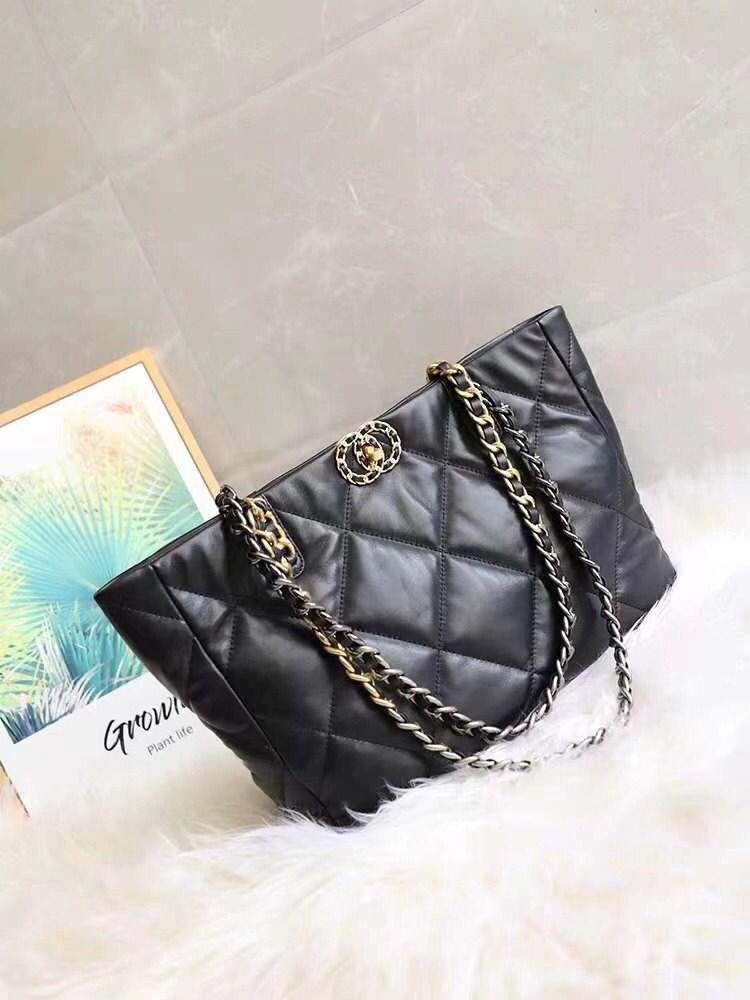 Leather Quilted Metal Chain Tote Bag