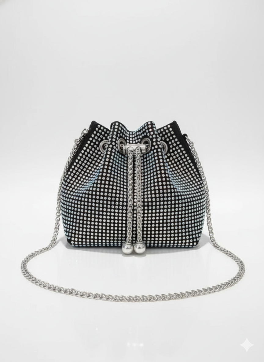 Black Rhinestone Bucket Sling Bag for Women