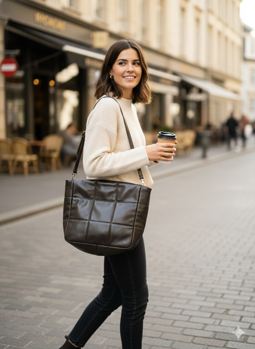 Black Quilted Shoulder Tote Bag for Women