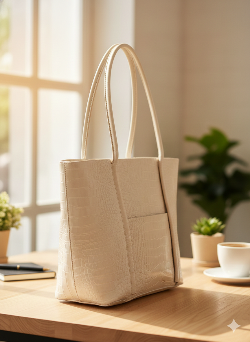 Off White Textured Tote Bag for Women