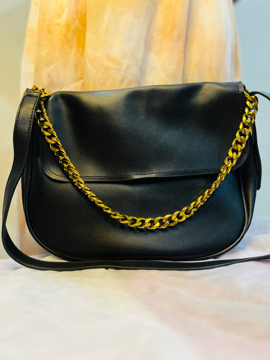 Large Flap Hobo Bag Chain Decor PU Black