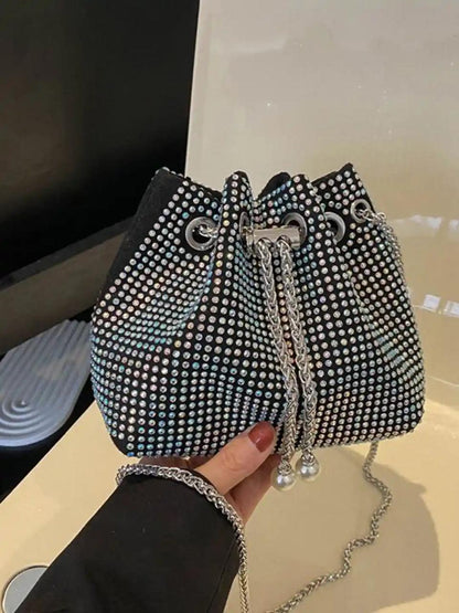 Black Rhinestone Bucket Sling Bag for Women