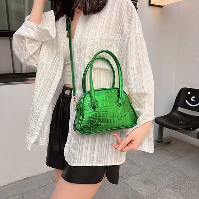 Crocodile Embossed Dome Bag Metallic Sling Bag