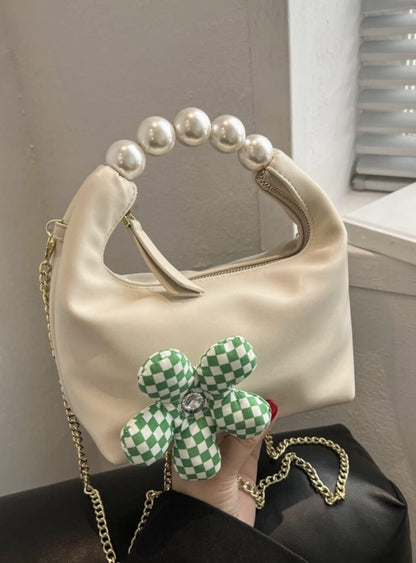 Faux Pearl & Flower Decor Chain Satchel Bag