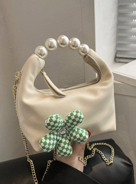 Faux Pearl & Flower Decor Chain Satchel Bag