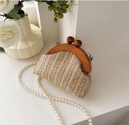 puvabne Crossbody Bags Mini Wooden Ball Décor Pearl Beaded Novelty Bag 799
