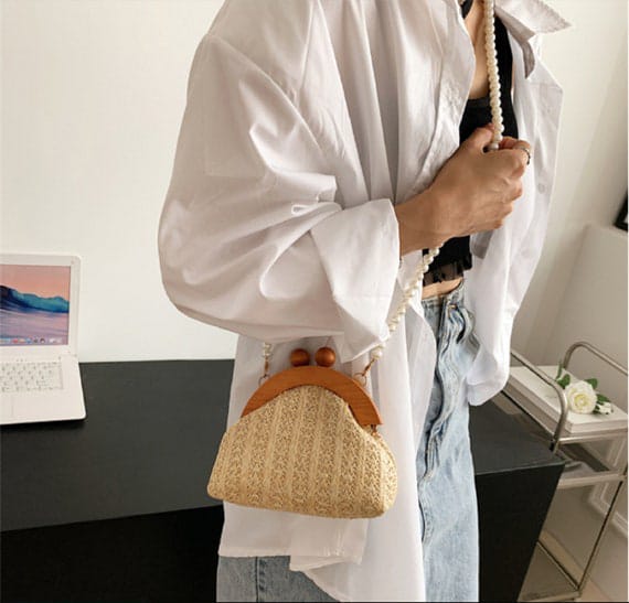 puvabne Crossbody Bags Mini Wooden Ball Décor Pearl Beaded Novelty Bag 799