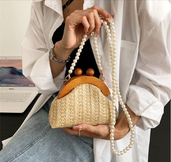 puvabne Crossbody Bags Mini Wooden Ball Décor Pearl Beaded Novelty Bag 799