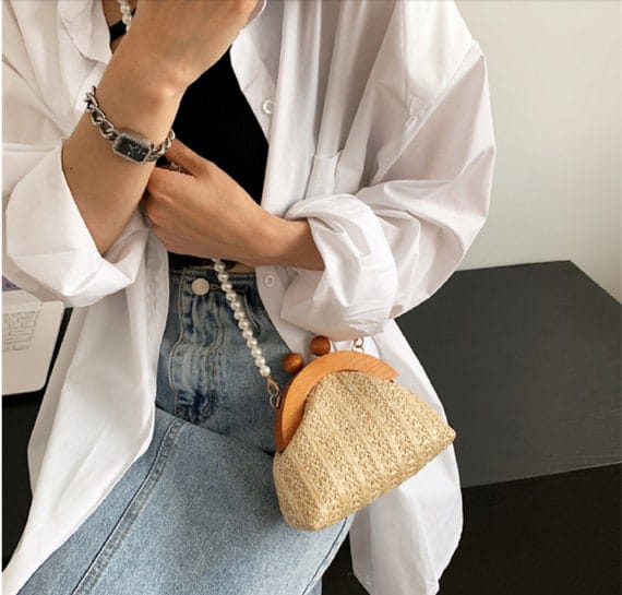 puvabne Crossbody Bags Mini Wooden Ball Décor Pearl Beaded Novelty Bag 799